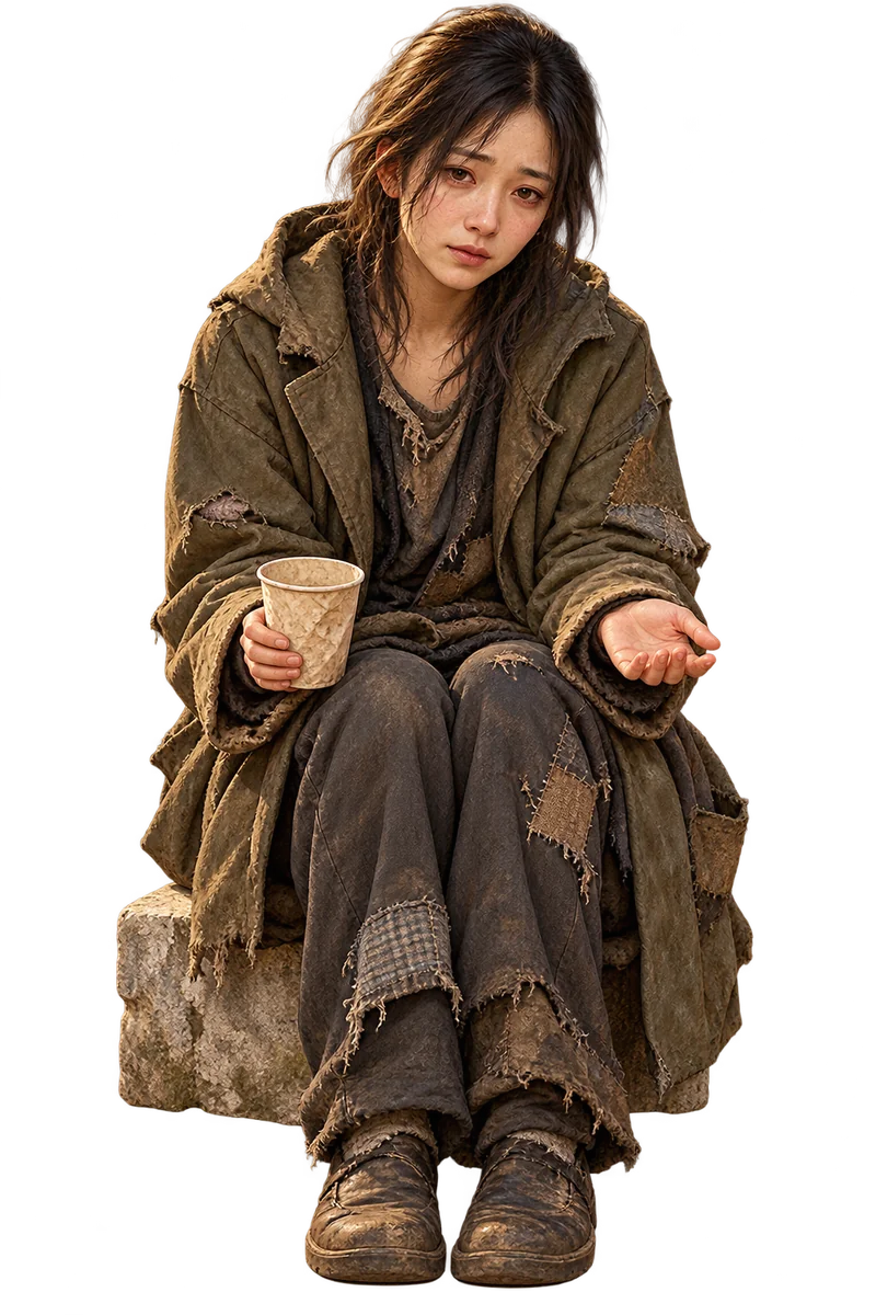 A fictional adult East Asian woman in worn, patched clothes sits beside the Main in Frankfurt, holding an empty cup with one hand and offering her other open palm.